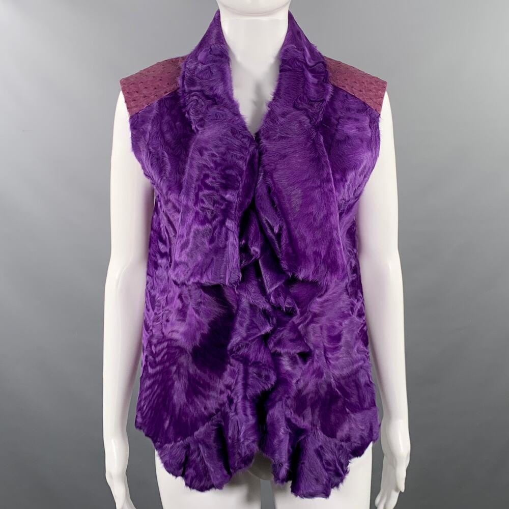 OSCAR DE LA RENTA Size 6 Purple Ostrich Leather Lamb Fur Eye Hook Vest